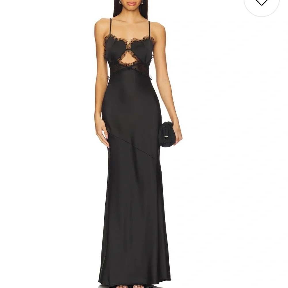 For Love & Lemons Val Maxi Dress XL Black Heart Cutout Satin Tulle Ruffle Formal